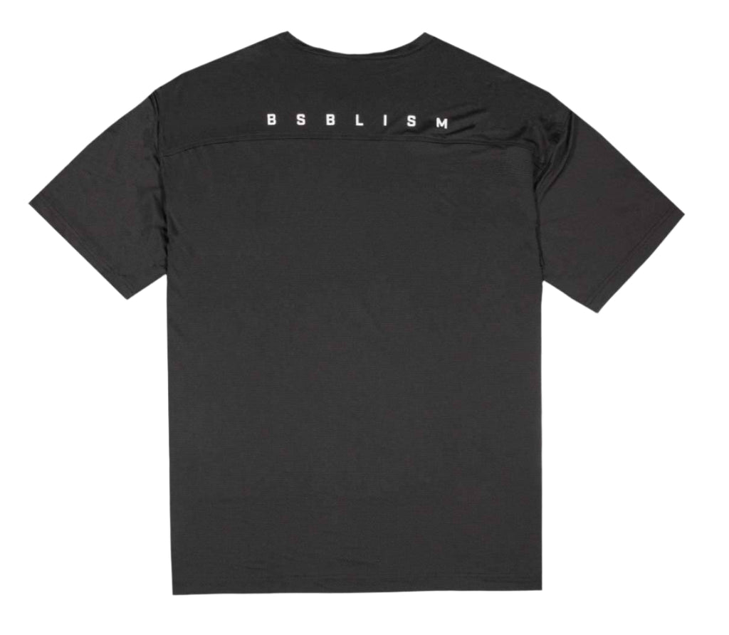 Black t-shirt with text on the back against a light gray background