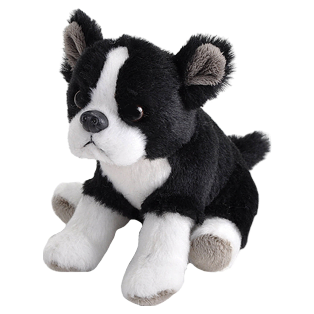 Black and white plush Boston Terrier stuffed animal toy on a white background