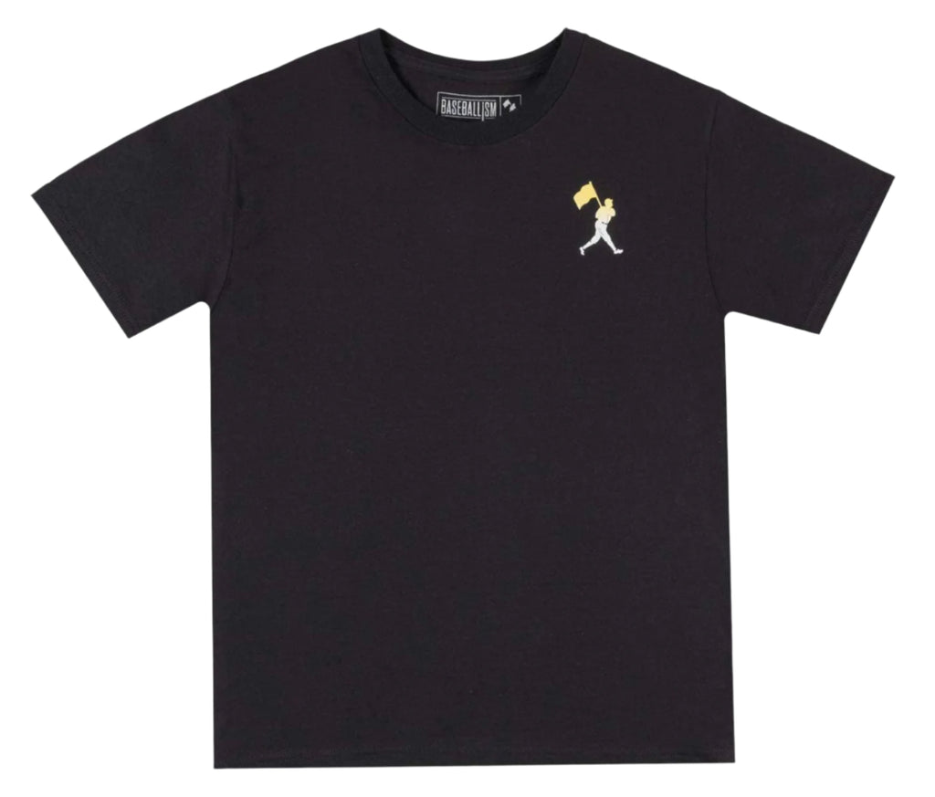 Black t-shirt with a small yellow and white graphic on a light gray background