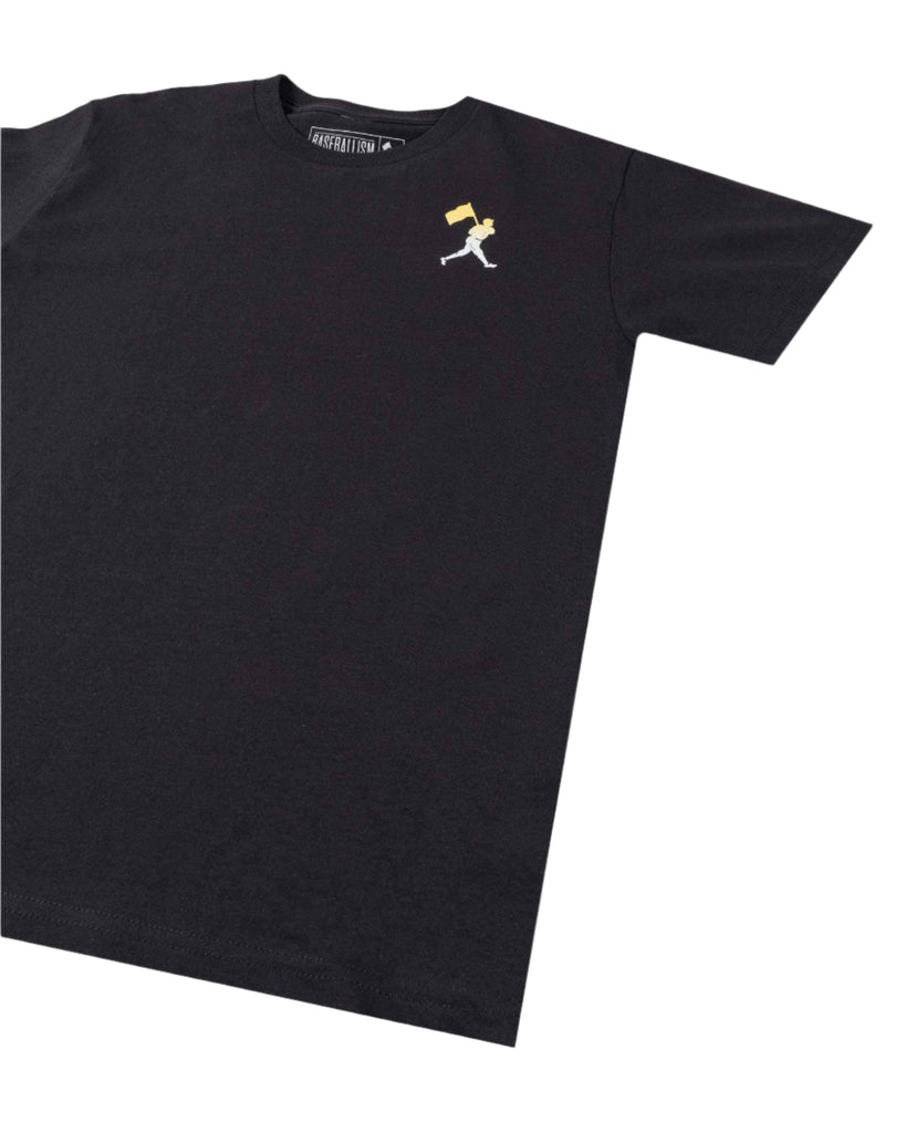 Black t-shirt with a small logo on a light gray background