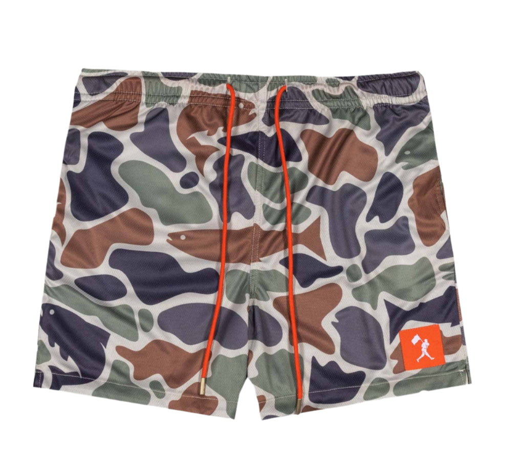Camouflage-patterned shorts with orange drawstring on a light gray background