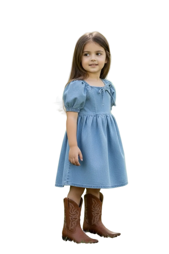 Young girl in a blue dress and brown boots standing on grass with a wooden fence in the background