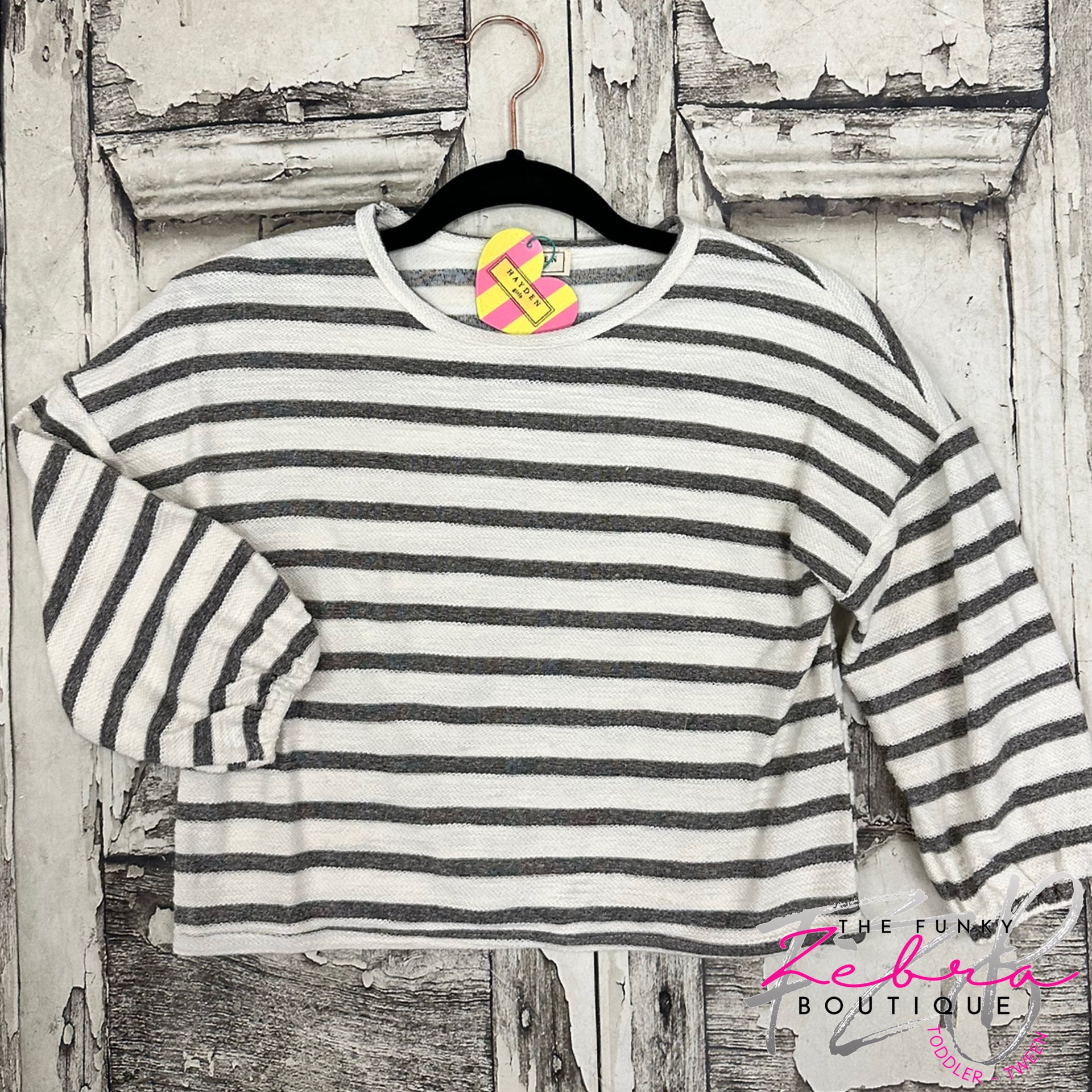 Grey Stripe Drop Shoulder Long Sleeve Top Size 7/8, 9/10, 11