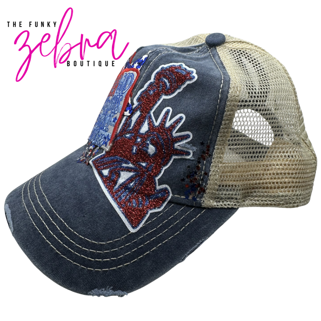 Patriotic 4th of July God Shed His Grace On Thee Denim Blue Ponytail H ...