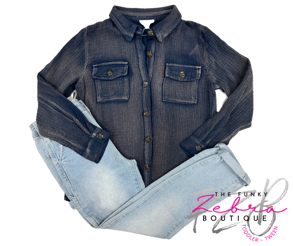 Blue denim shirt and jeans on a white background with 'The Funky Zebra Boutique' logo.