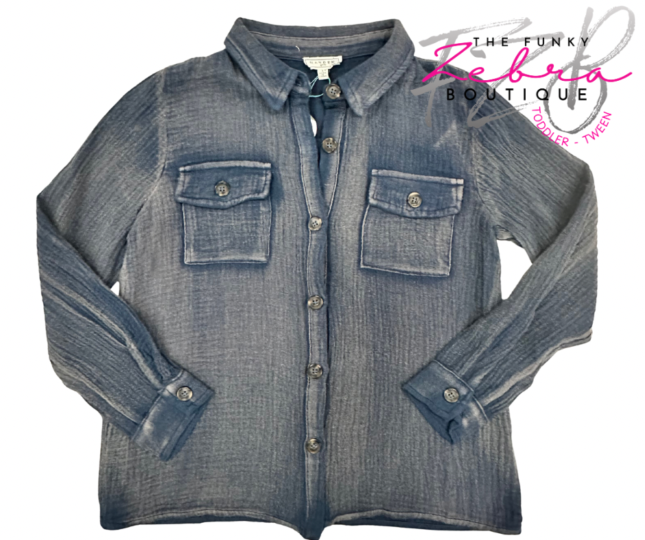 Blue denim shirt with button details on a white background, featuring 'The Funky Zebra Boutique' logo.
