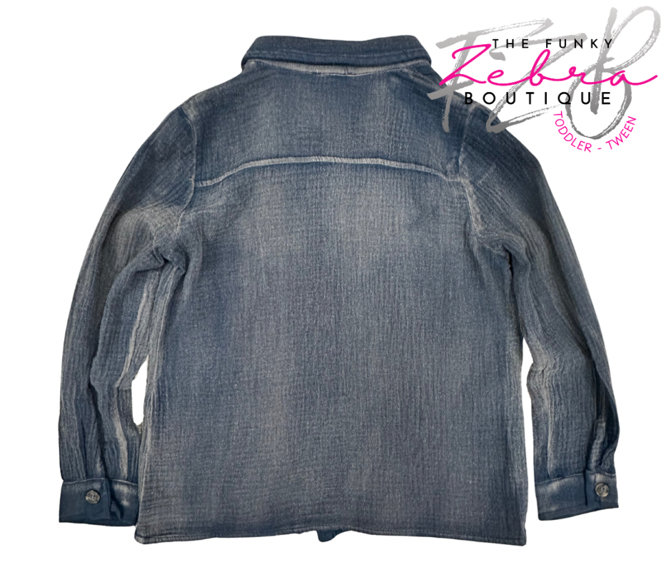 Denim jacket on a white background with 'The Funky Zebra Boutique' logo.