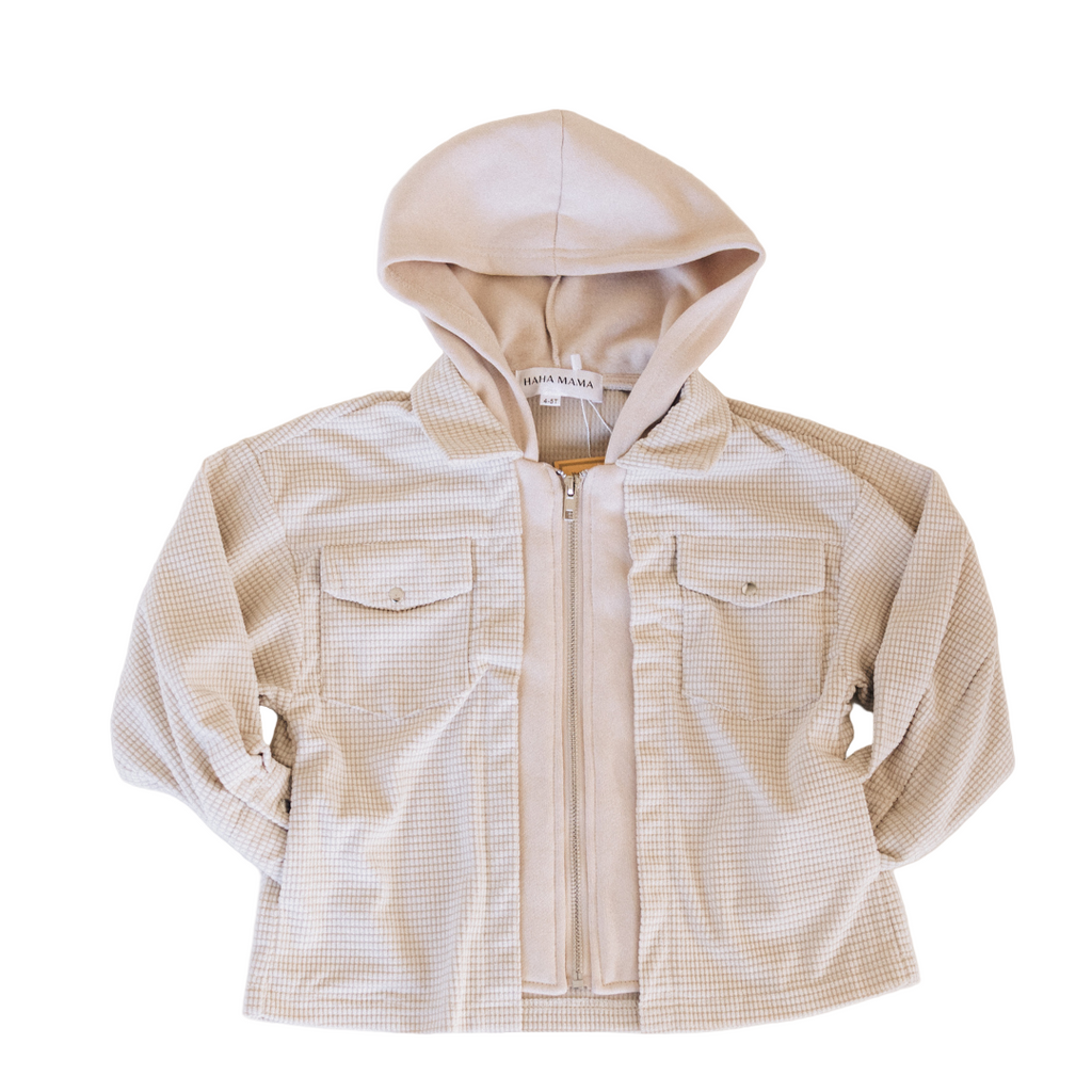 Beige hooded jacket with a subtle pattern on a light background