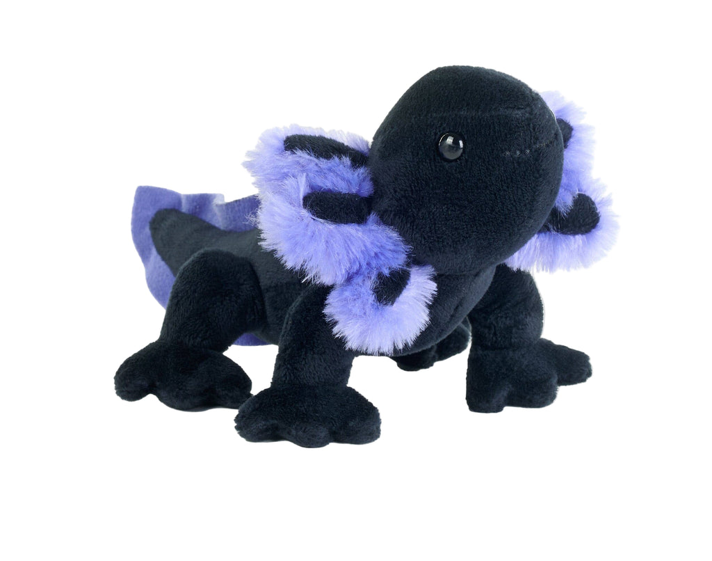 Black and purple plush axolotl toy on a white background